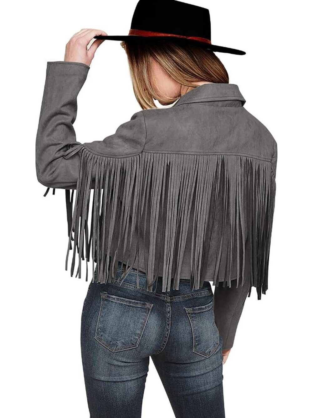 Women's Silver Grey Fringe Faux Suede Leather Jacket Long Sleeve Western Style